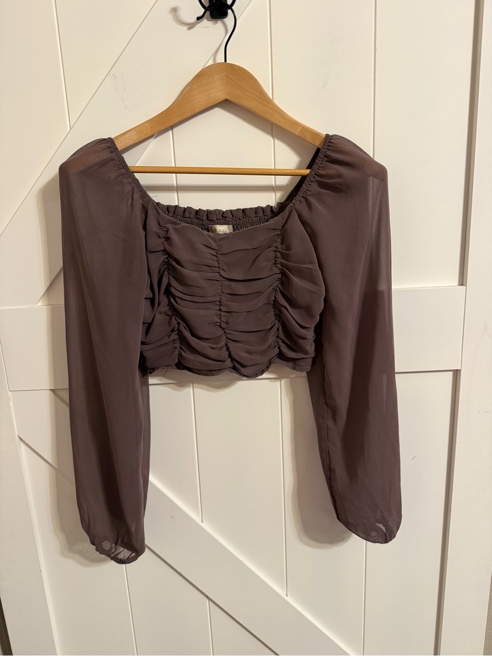 Altar'd State Mauve Long Sleeve Ruched Crop Top Women’s Small Sheer Sleeves